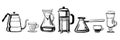 Alternative coffee brewing methods. Hand drawn outline sketch vector set